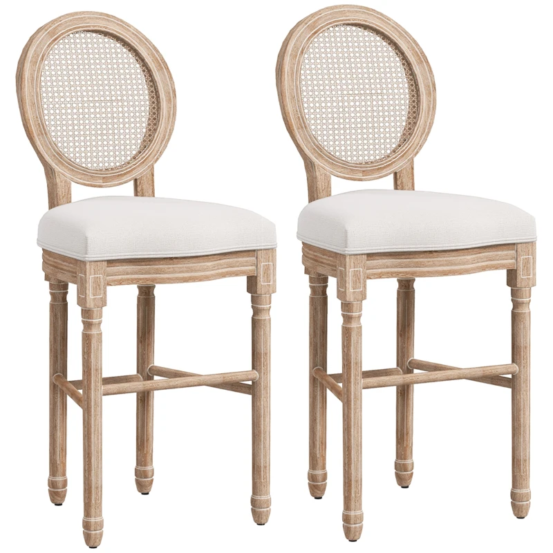 HOMCOM Set mit 2 Barhockern im Medaillon-Stil des Louis XVI, massives geschnitztes Kautschukholz, patiniert, Leinenoptik 48 x 56 x 118 cm Creme