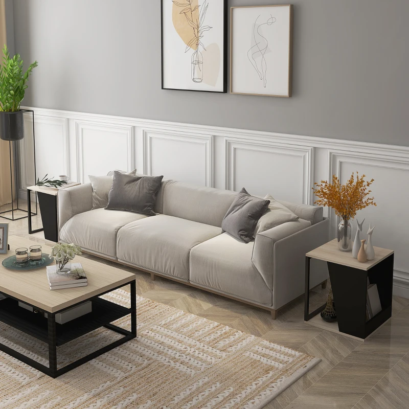 HOMCOM Set von 2 Beistelltischen Sofatisch mit Stauraum Stahlstruktur 40 x 40 x 45 cm Schwarz und Natur