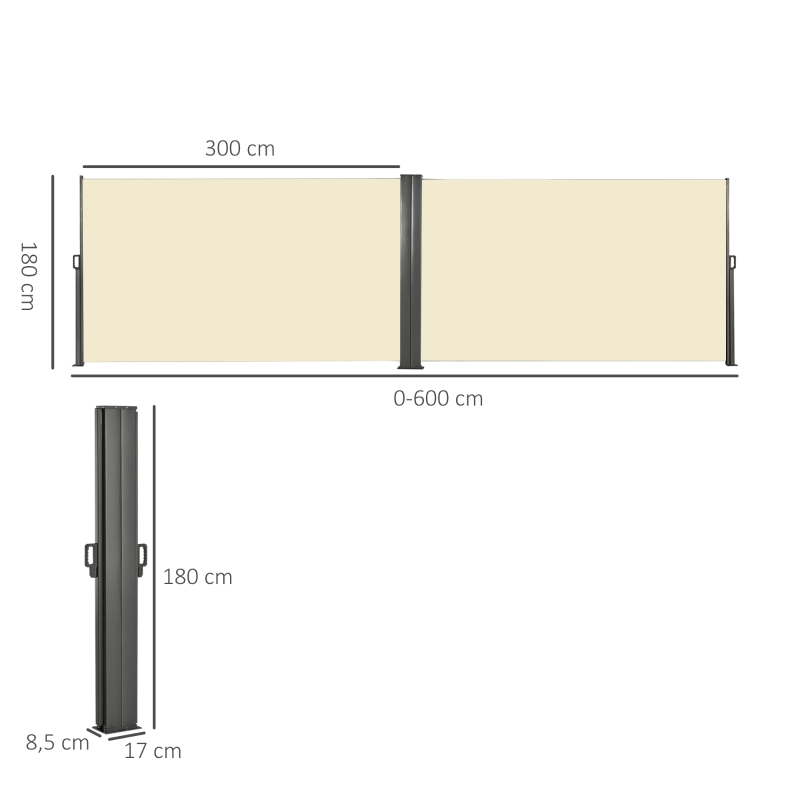 Outsunny Doppelter seitlicher ausziehbarer Sichtschutz Store 6L x 1,80H m Polyester Anti-UV Creme