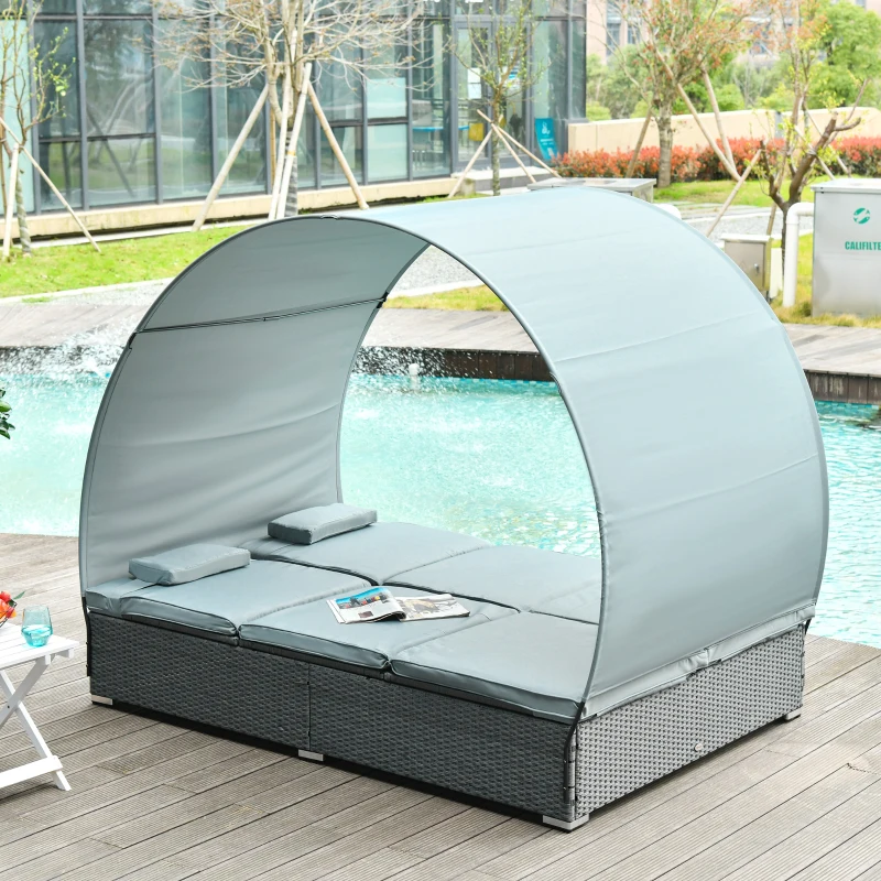 Outsunny Chaise longue double en rotin poly pour 2 personnes avec auvent de soleil Transat de jardin en acier polyester Gris 196 x 137 x 36,5 cm