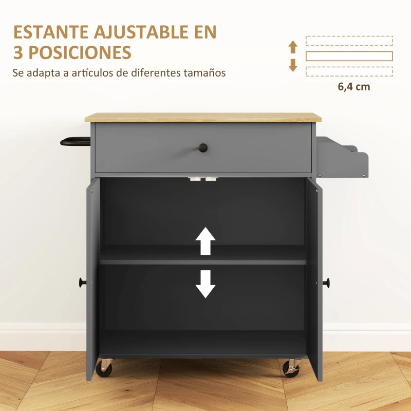 HOMCOM Isla de Cocina con Ala Abatible 2 Puertas Cajón Especiero Toallero y Estante Ajustable 106x42x87 cm Gris y Roble