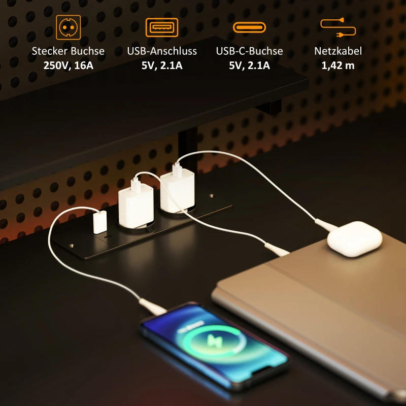 HOMCOM L-vormig Bureau met Oplaadstation, Hoek Computertafel met Monitorstandaard en Planken, voor Thuiswerkplek, Kantoor, Zwart