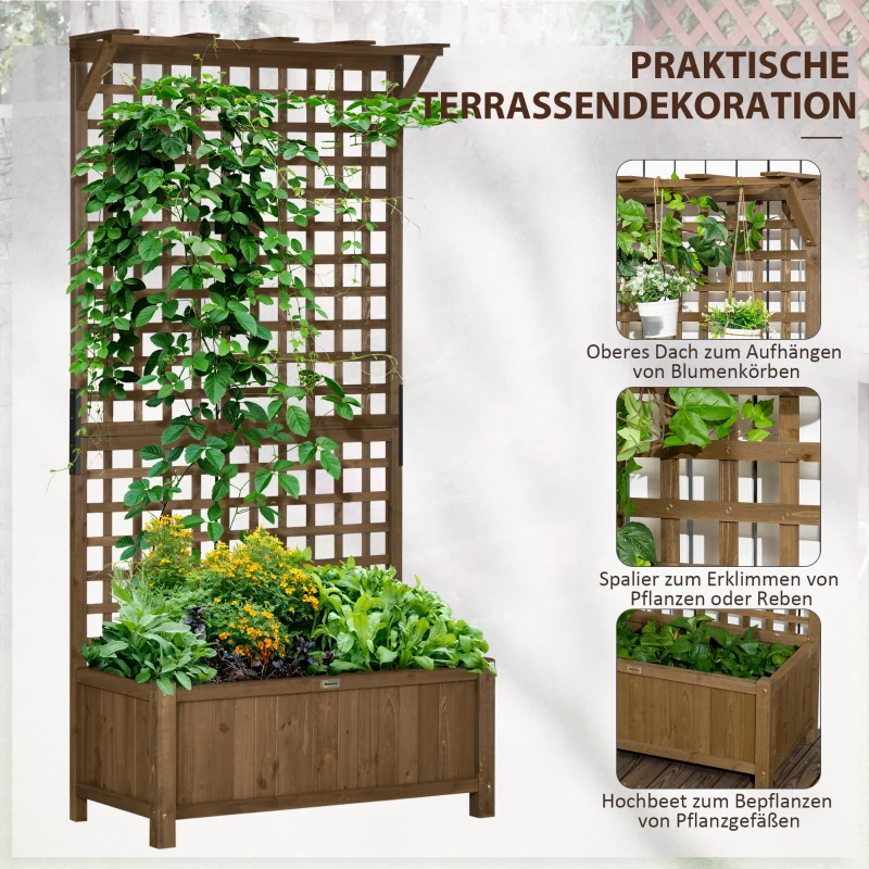 Outsunny Verhoogde plantenbak met trellis en dak, bloembak, bloemenbed, weerbestendig, hout, 90 x 45 x 183 cm, Bruin