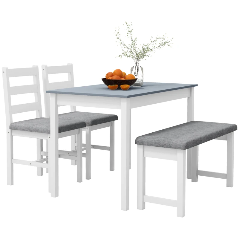 HOMCOM Groupe de sièges, Ensemble de table à manger 4 pièces, 1 Table, 1 Banc, 2 Chaises, Gris + Blanc