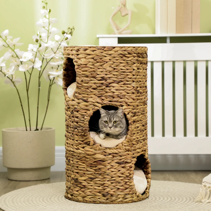 PawHut Grotte pour chats avec 3 niveaux, 3 entrées, design bohème, coussin inclus, 40 cm x 40 cm x 73 cm, Marron clair + Crème