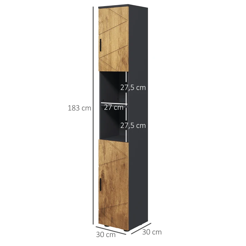 kleankin Stand Badezimmerschrank Aufbewahrungsschrank 2 Türen verstellbares Regal 2 Nischen 30 x 30 x 183 cm Eiche Dunkelgrau