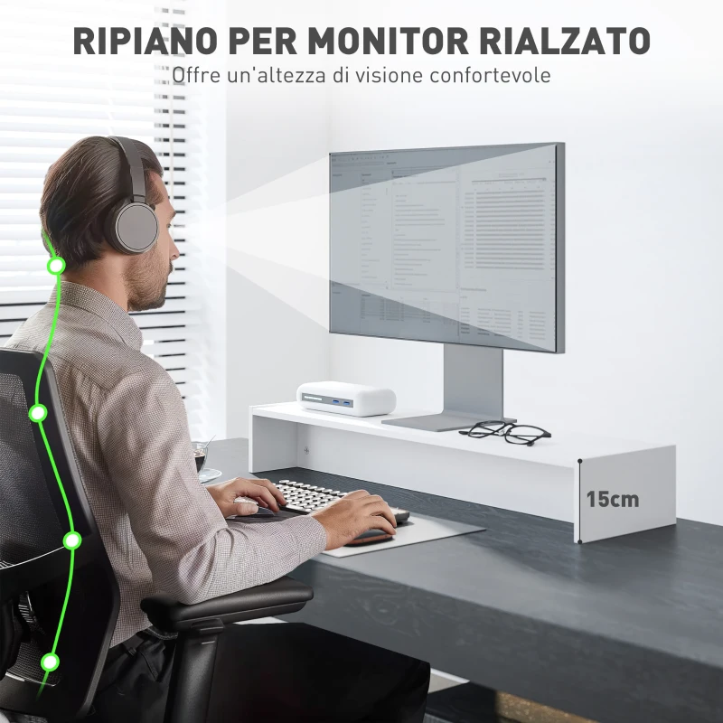 HOMCOM Supporto per Monitor con 2 Vani Contenitore in Legno, 100x27x15 cm, Bianco
