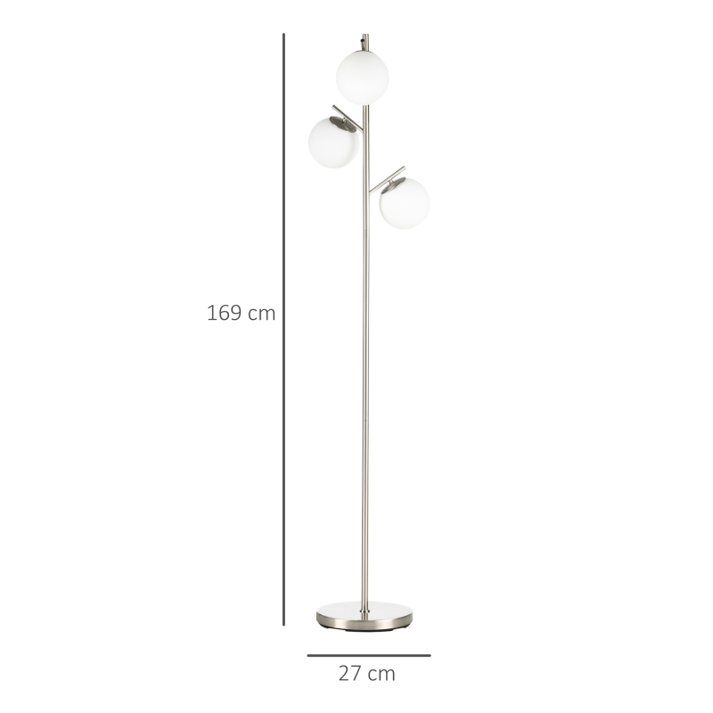 HOMCOM Lampadaire avec 3 Globes en Verre, E 27, Interrupteur au Pied, Argent + Blanc