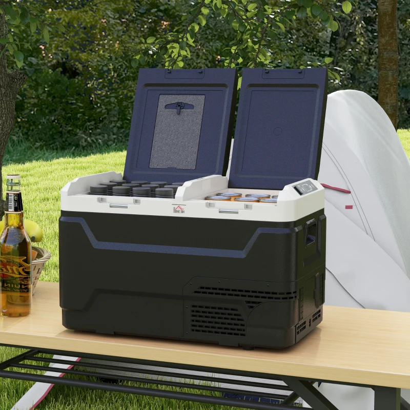 HOMCOM Tragbare elektrische Kühlbox mit 2 Zonen - Fassungsvermögen 40 L, LED-Licht, 12/24 V Gleichstrom und 100-240V Wechselstrom, bis zu -20°C