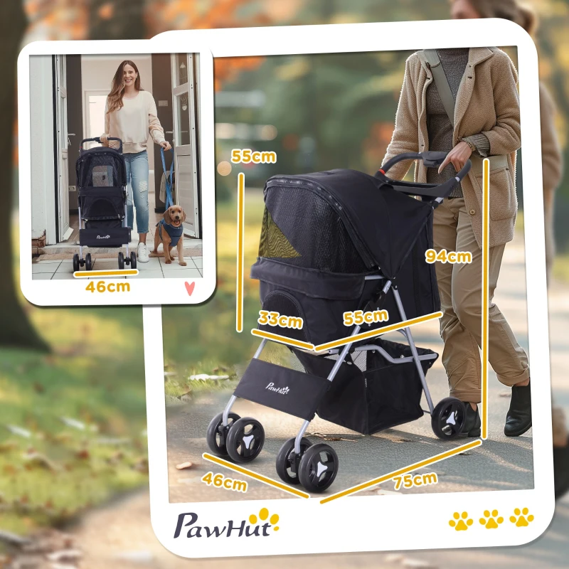 PawHut Poussette Buggy für Hunde 75L x 46B x 94H cm faltbar wasserdicht 600D Oxford Stoff 4 Räder Schwarz