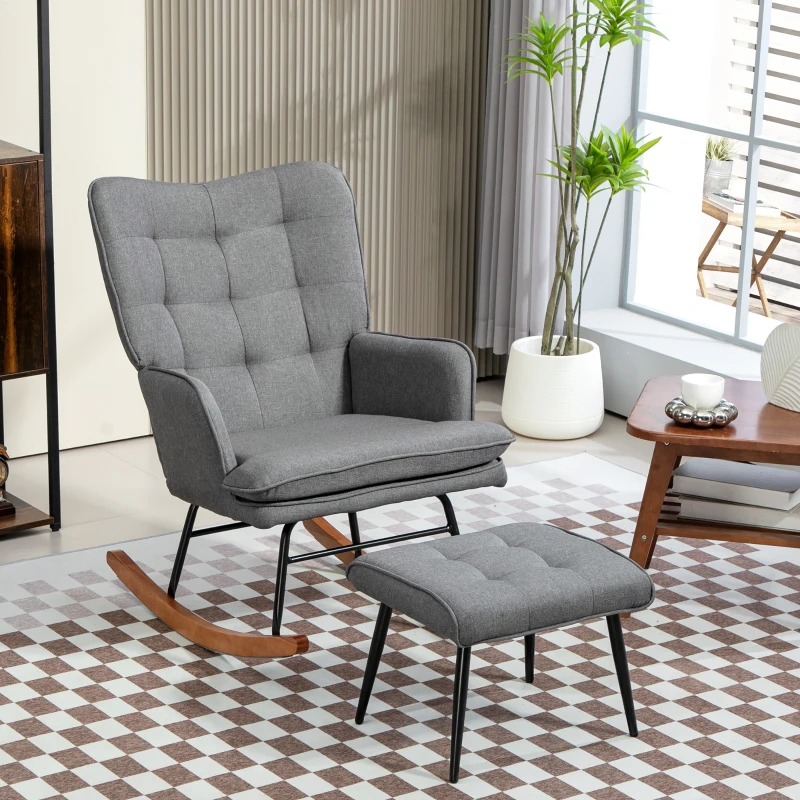 HOMCOM Fauteuil à Bascule avec Repose-pieds, confortable, jusqu'à 130 kg, Effet Lin, 64x89x90cm, Gris foncé