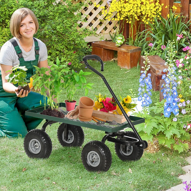 Outsunny Gartenkarren Transportkarre Handkarre 4-Rad 94L x 48,5B x 100H cm max. 150 kg Metall Grün