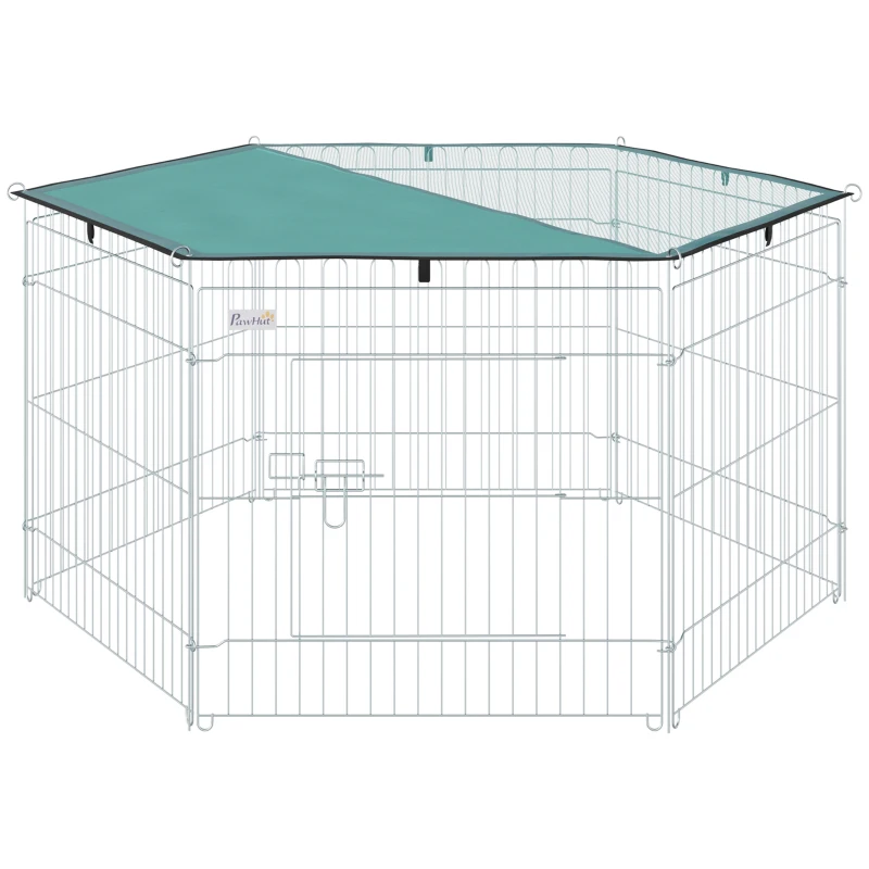 PawHut Modulares Auslaufgehege aus Stahl mit 6 Paneelen und 1 Tür für Hunde, Kaninchen, Nager, kleine Tiere für den Innen- und Außenbereich Ø 120 x 60 cm Grau Metall Grün