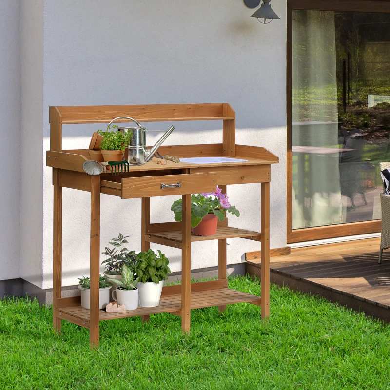 Outsunny Table de Plantation Table de Jardinier Table de Fleurs avec Évier Jardin Bois de Sapin Naturel 117 x 45 x 121 cm