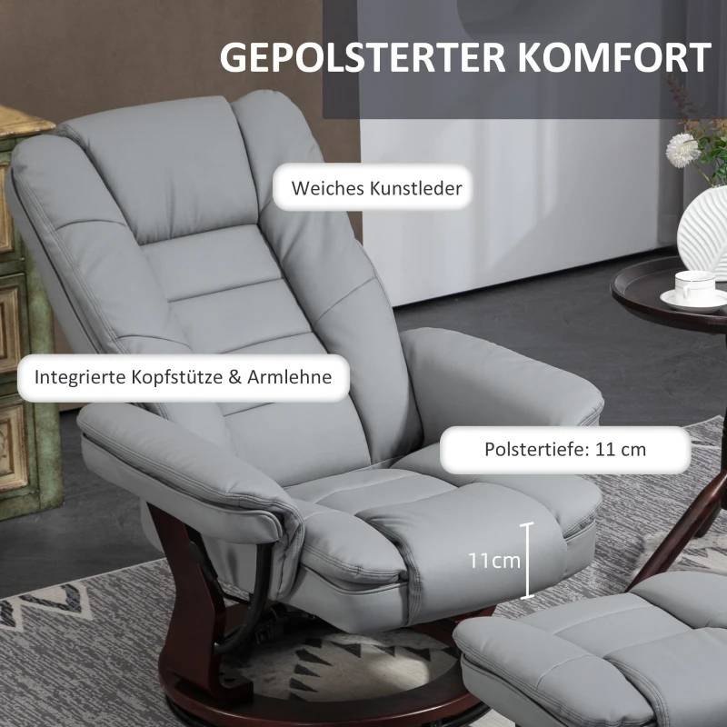 HOMCOM Relaxfauteuil met Voetenbank, Draaibaar, Inklapbare Rugleuning, Kunstlederlook, tot 130 kg, Grijs