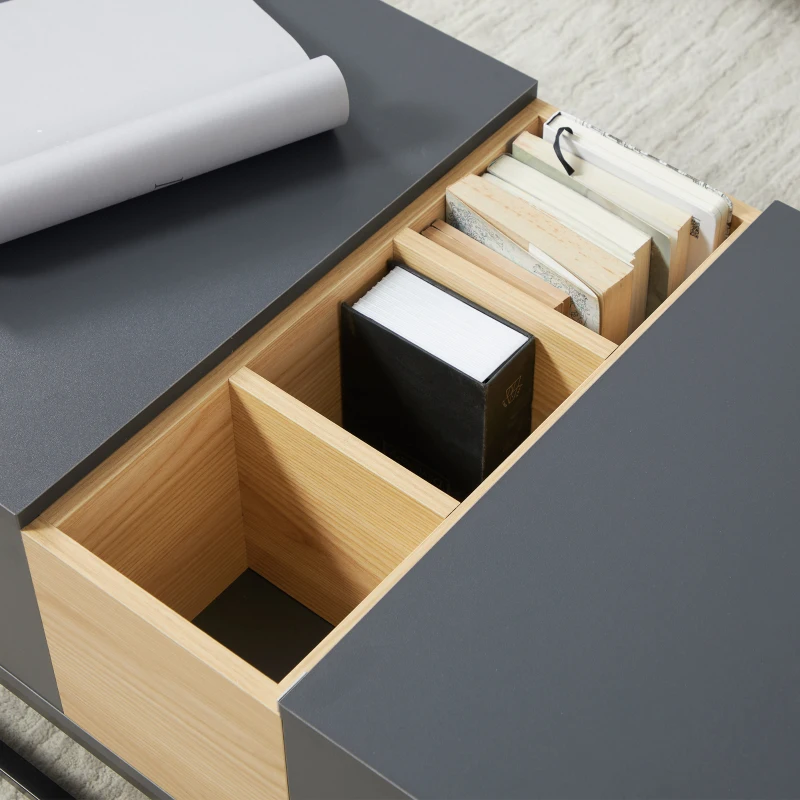 HOMCOM Höhenverstellbarer Couchtisch mit 2 Platten, verborgenen Fächern und offenen Regalen in dunkelgrauer Holzoptik