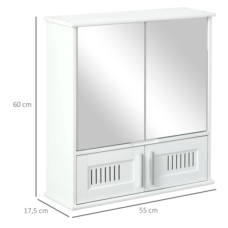 kleankin Wandspiegelschrank mit Spiegel für das Badezimmer - Hochschrank mit Spiegel - Toiletten-Aufbewahrungsschrank - 4 Türen, Regal - Weißes MDF-Glas