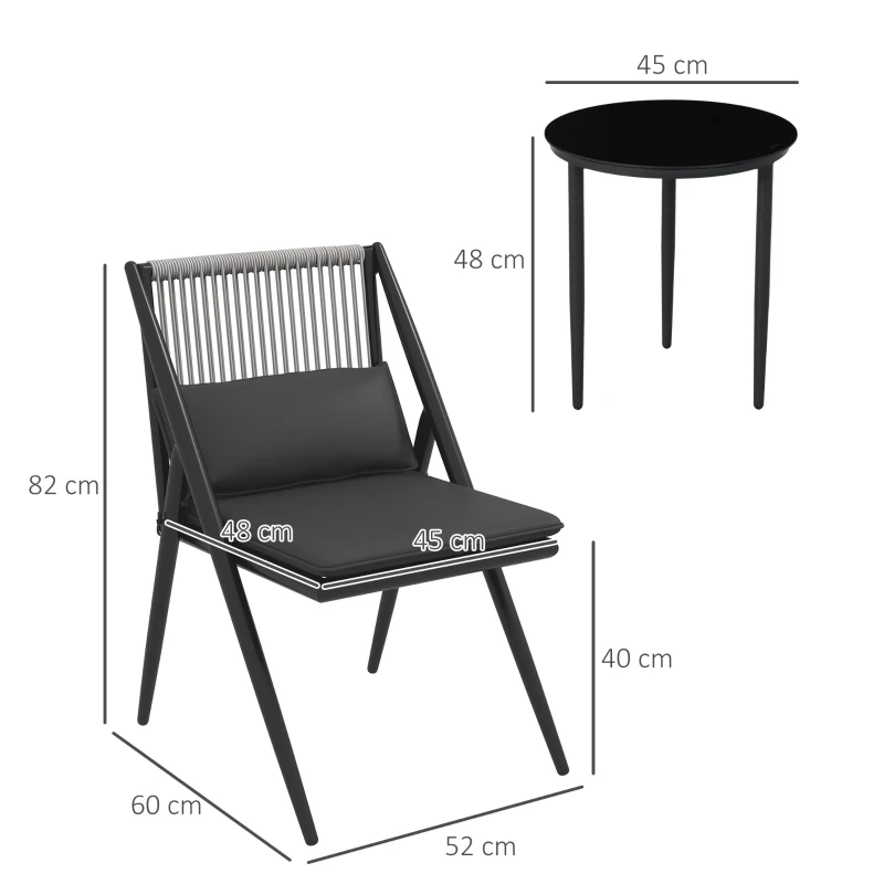 Outsunny Gartenmöbel für 2 Personen 3-teilig 2 Sessel mit Kissen + runder Couchtisch mit gehärteter Glasplatte Aluminiumrahmen