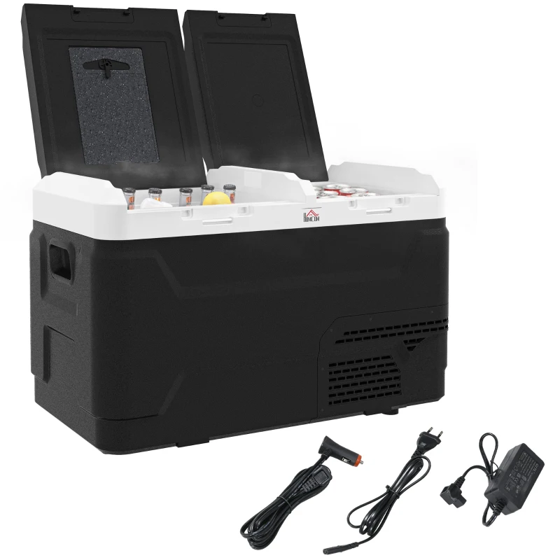 HOMCOM Tragbare elektrische Kühlbox mit 2 Zonen - Fassungsvermögen 40 L, LED-Licht, 12/24 V Gleichstrom und 100-240V Wechselstrom, bis zu -20°C