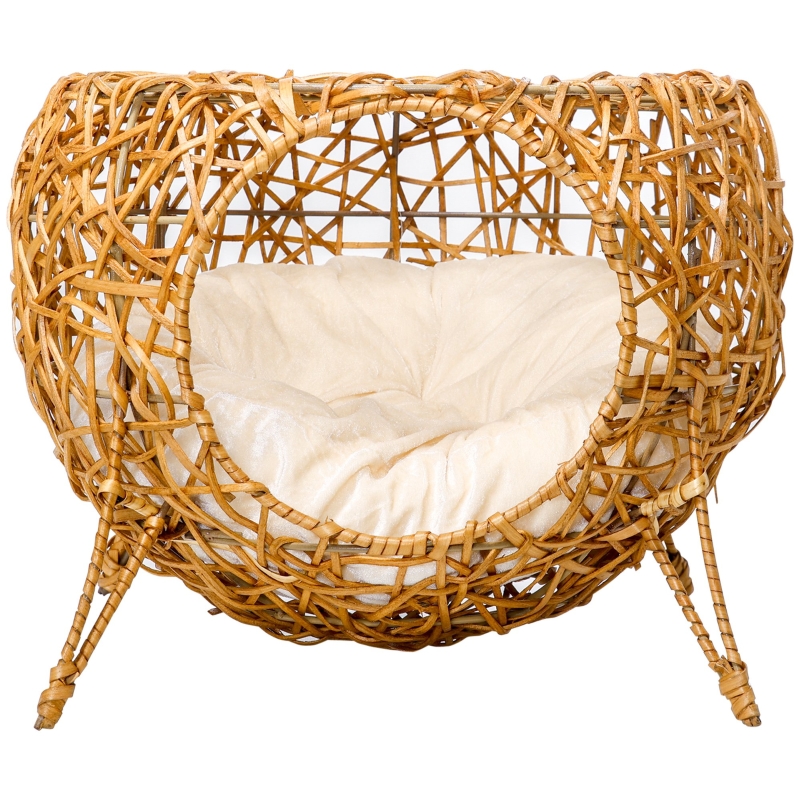 PawHut Katzenhhle Katzenbett Katzenkorb Katzenhaus aus Rattan mit dickem  Kissen  40 x 32 cm Hellbraun | Aosom.de