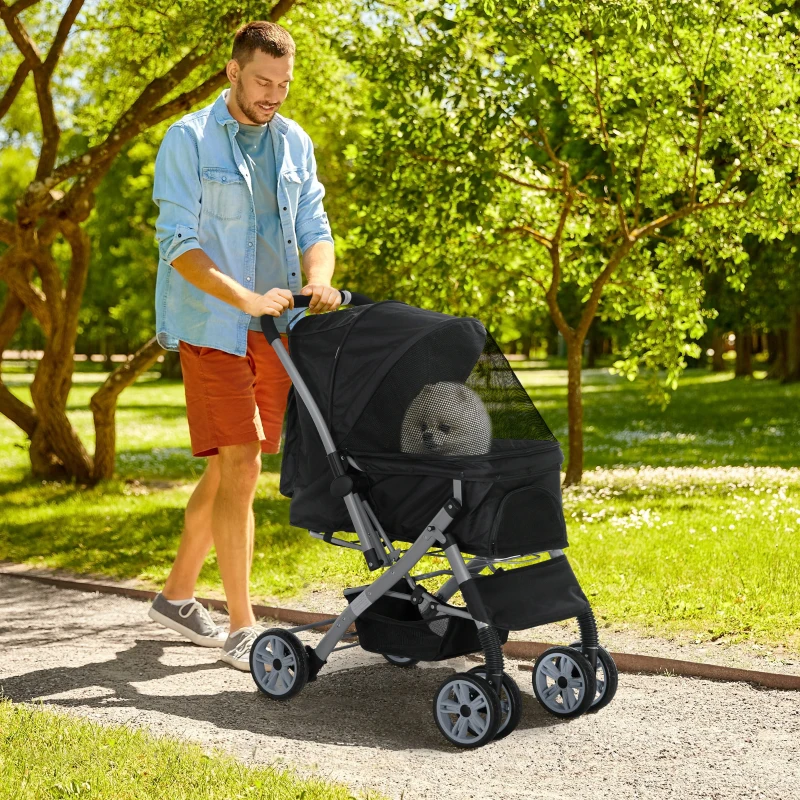 PawHut Faltbarer Buggy für Hunde und Katzen mit Korb und Aufbewahrungstasche, Sicherheitsgurte, verstellbare Hülle, Epoxidbeschichtetes Stahl, Oxford-Gewebe, Schwarz