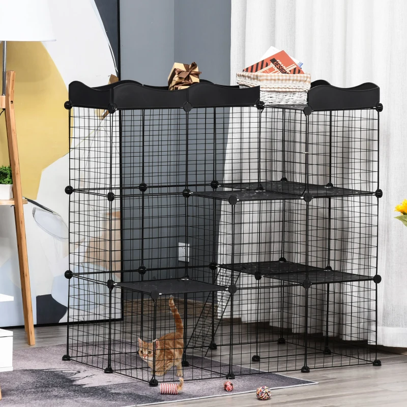 PawHut Käfig Tierpark Gehege für kleine Haustiere Katz Kaninchen modular 3 Ebenen 2 Türen Rampe Drahtgitter 105 x 70 x 116 cm schwarz