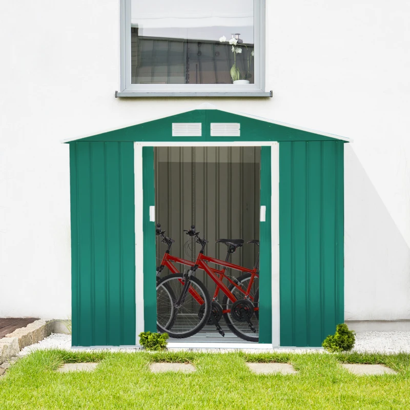 Outsunny Gartenhaus 2,42 m² - Aufbewahrung für Gartengeräte mit Fundament - abschließbare Doppeltür - Maße 213L x 130B x 185H cm - grünes Stahlblech
