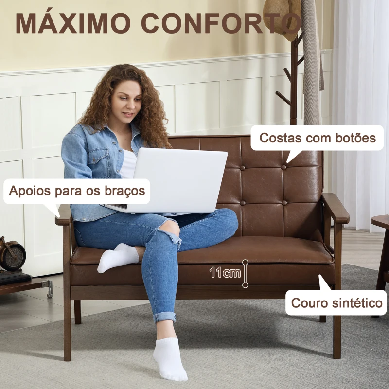 HOMCOM Sofá de 2 Lugares Estofado em Couro PU com Apoio para os Braços de Madeira para Sala de Estar Dormitório115x70x81 cm Marrom