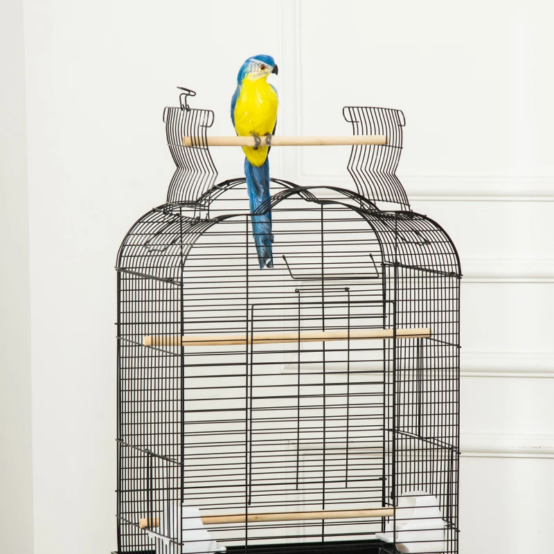 PawHut Vogelkäfig Voliere für Vögel auf Rollen mit aufklappbarem Dach 3 Sitzstangen unteres Regal 46 x 36 x 130 cm Schwarz