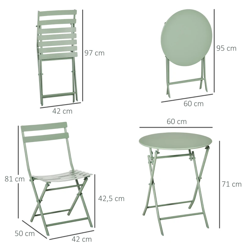 Outsunny Gartenmöbel-Set für 2 Personen - klappbarer Bistro-Gartentisch und Stühle - Bistro-Gartenmöbel-Set - runder Tisch Ø 60 cm mit 2 klappbaren Stühlen - pulverbeschichtetes Metall in Grün