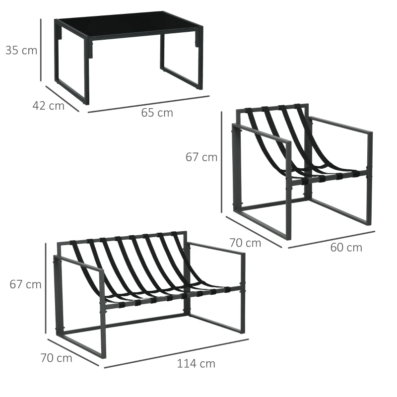 Zestaw mebli ogrodowych Outsunny: 1 stół z hartowanego szkła, 2 fotele, 1 sofa, odporne na warunki atmosferyczne, 114 cm x 70 cm x 67 cm, Szary+Beżowy