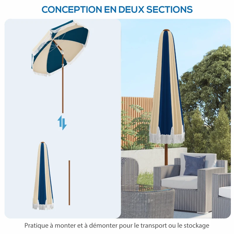 Outsunny Runder neigbarer Sonnenschirm Ø 213 cm mit Fransen Polyester hoher Dichte UV-beständig abnehmbarer Mast, Vintage Blau und Beige