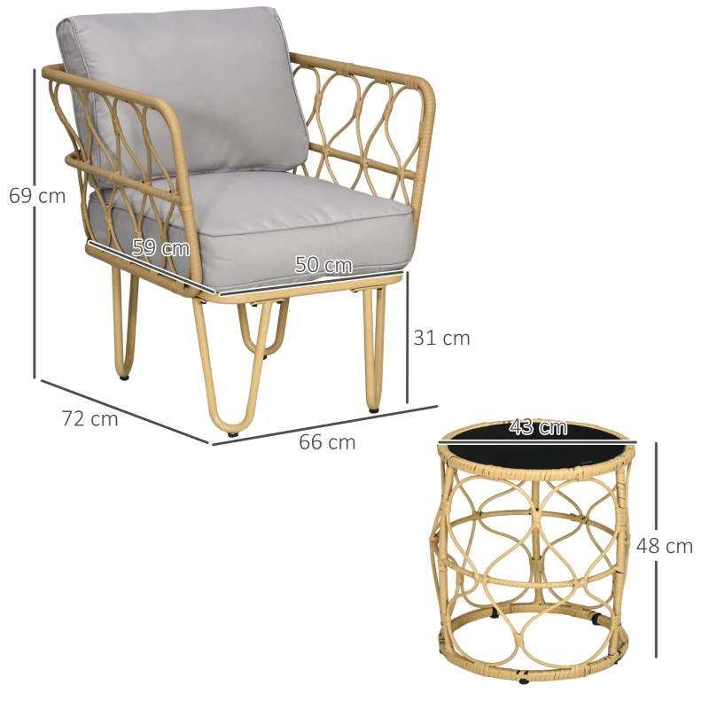 Outsunny Gartenmöbel-Set aus geflochtener Resin 3 Stück 2 Sessel + 1 runder Couchtisch inkl. Kissen