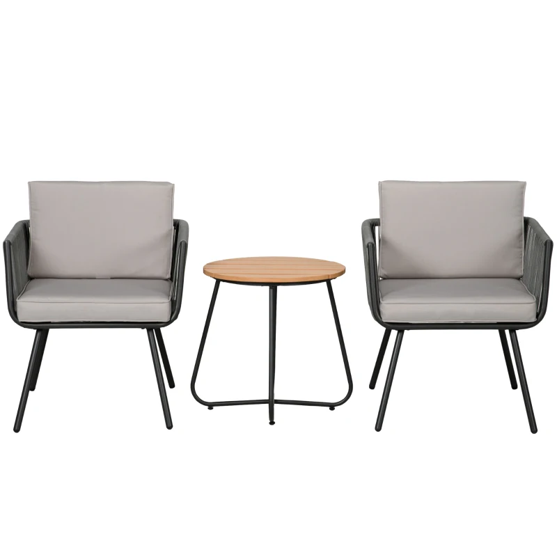 Outsunny Gartenmöbel-Set aus 3-teiligem Kunststoff-Rattan mit Stahlgestell, 2 Sessel + Couchtisch mit Kissen, Grau