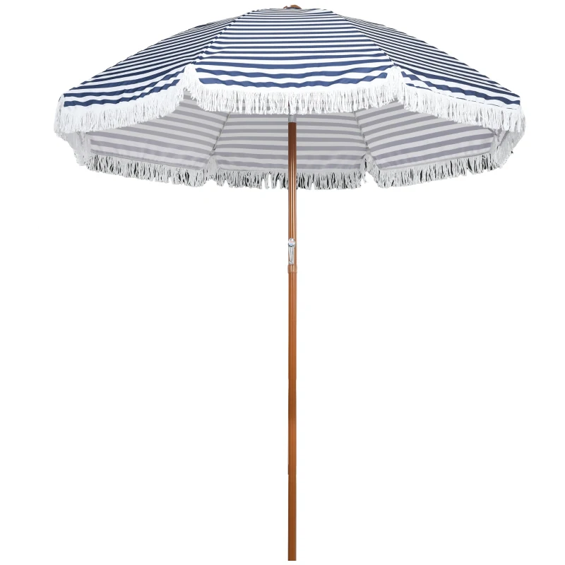 Outsunny Runder neigbarer Sonnenschirm Ø 213 cm mit Fransen Polyester mit hoher Dichte UV-beständig abnehmbarer Mast, Vintage Blau und Weiß