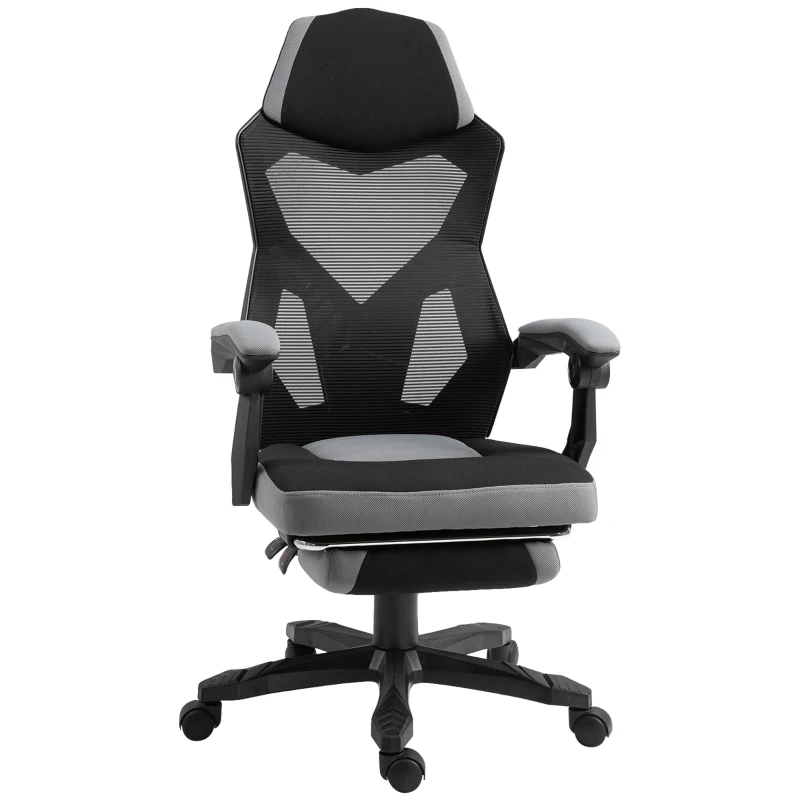Vinsetto Bürostuhl Gaming-Stuhl höhenverstellbar neigbar 360° drehbar mit 5 Rollen Fußhocker Netzstoff 58B x 63T x 112-122H cm grau schwarz
