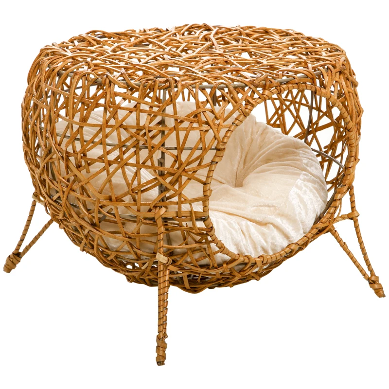 PawHut Katzenhöhle Katzenbett Katzenkorb Katzenhaus aus Rattan mit dickem Kissen Ø 40 x 32 cm Hellbraun