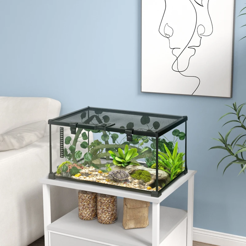 PawHut Reptilienbox Terrarium transparenter Deckel Schiebegitter Schwarz