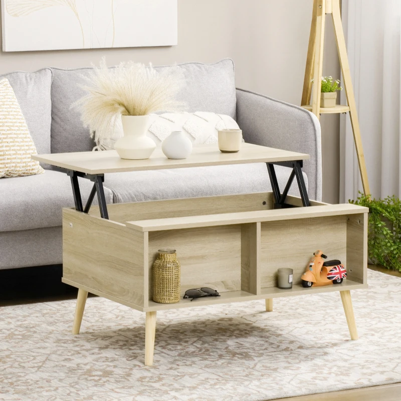 HOMCOM Rechteckiger Couchtisch Wohnzimmertisch klappbares Tablett 2 Fächer Truhe aus Holzmaßen 85L x 60B x 59,5H cm helle Holzoptik