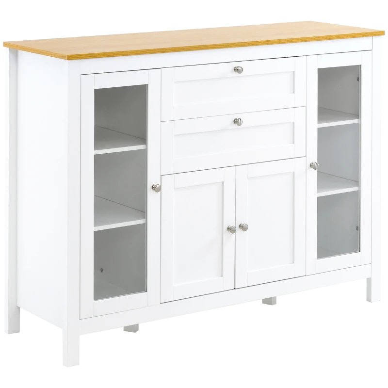 HOMCOM Buffet Esszimmer mit 2 Glastüren 120 x 40 x 90 cm Höhenverstellbare Regale 2 Schubladen 1 Schrank Naturholz und Weiß