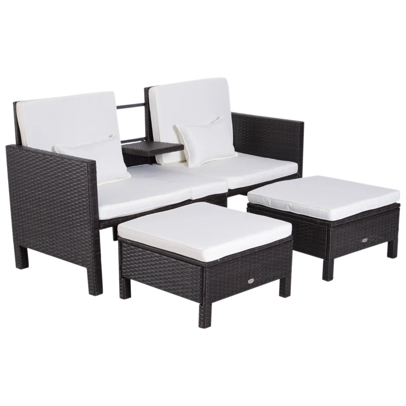 Outsunny Ensemble de Canapé de Jardin 3 pièces Mobilier de Jardin Salon de Jardin Rotin Meubles de Jardin Marron Rotin Synthétique + Métal Canapé 2 Places 2 x Repose-Pieds Coussins