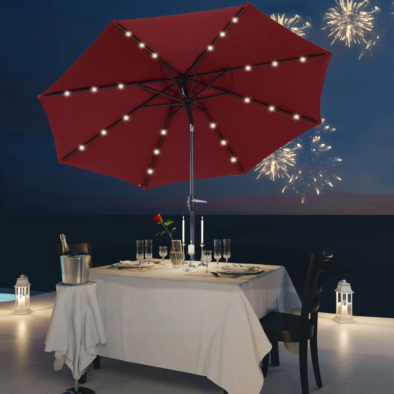 Outsunny Garten-Sonnenschirm Gerader Sonnenschirm Neigbarer oktogonaler ø 2,7 m LED-Solarsonnenschirm Metall Hochdichtes 180 g/m² Polyester Bordeaux Rot
