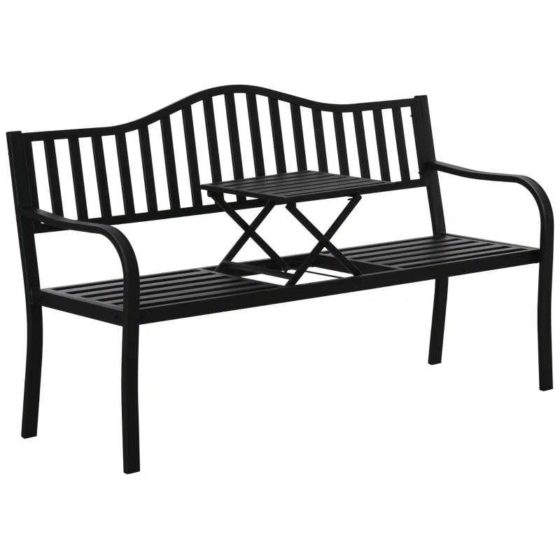Outsunny Banc de jardin avec table extensible pour 2 personnes Banc de parc en métal Banque Banquette Banque de patio avec dossier et accoudoirs Mobilier de jardin Noir 150 x 58,5 x 90 cm