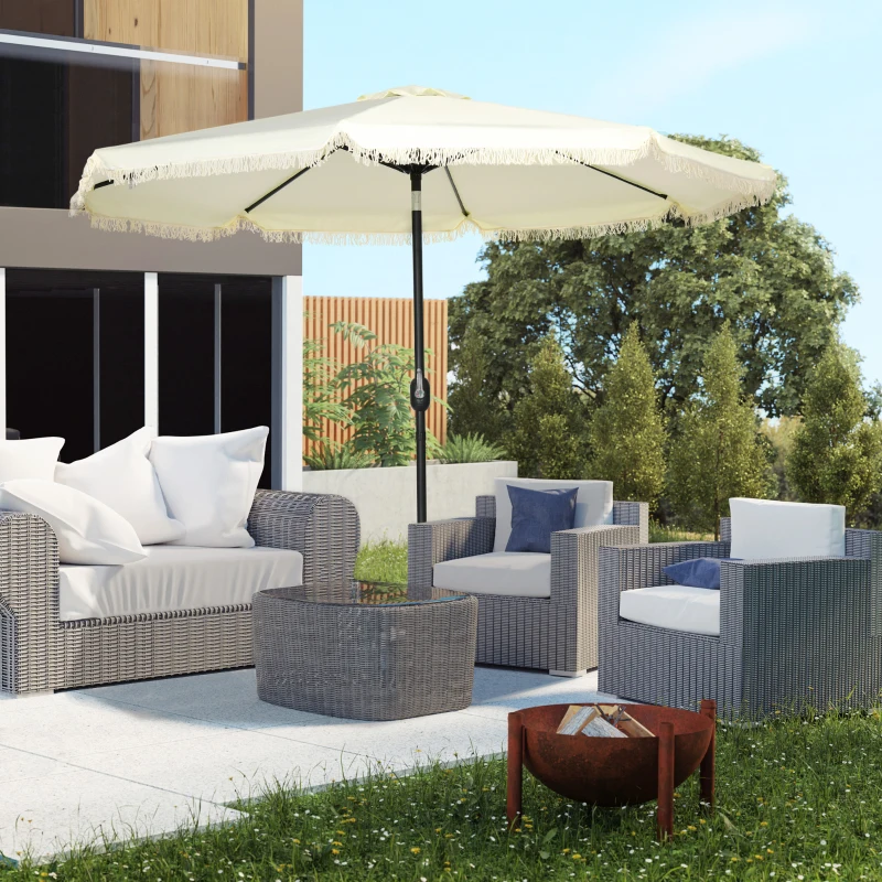 Outsunny Schrägbarer runder Sonnenschirm Ø 268 cm mit Fransen aus hochdichtem Polyester 180 g/m² Sonnenschutz Creme
