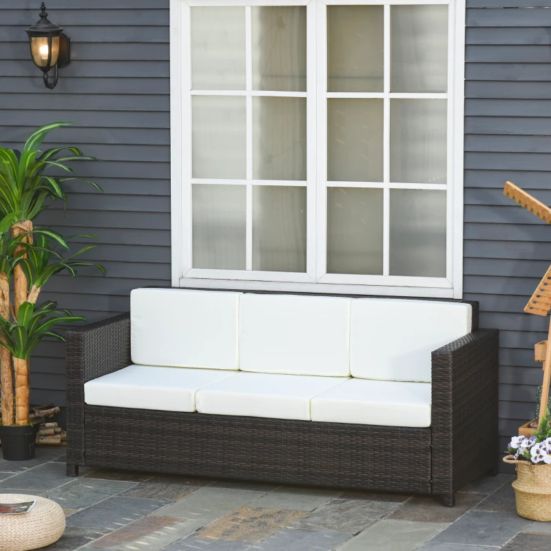 Outsunny Canapé de Jardin 3 Places en Polyrotin avec Coussins - Canapé de Terrasse en Métal et Polyester Marron + Blanc 185 x 70 x 80 cm