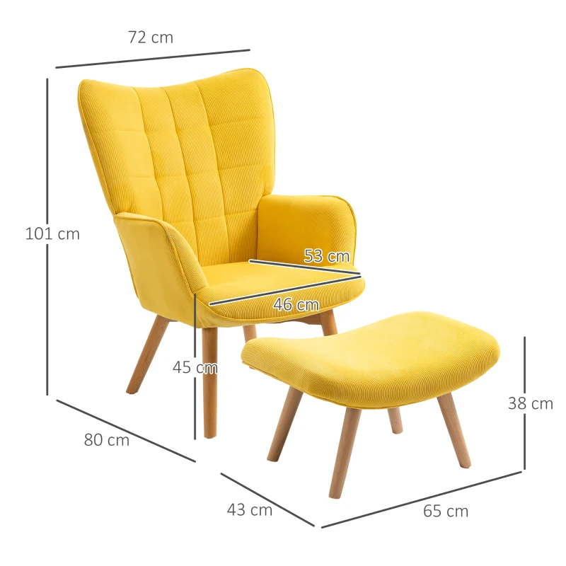 HOMCOM Fauteuil d'Accentuation avec Repose-Pieds, Fauteuil de Relaxation en Aspect Velours Côtelé, Fauteuil avec Accoudoirs en Bois, pour le Salon, Jaune