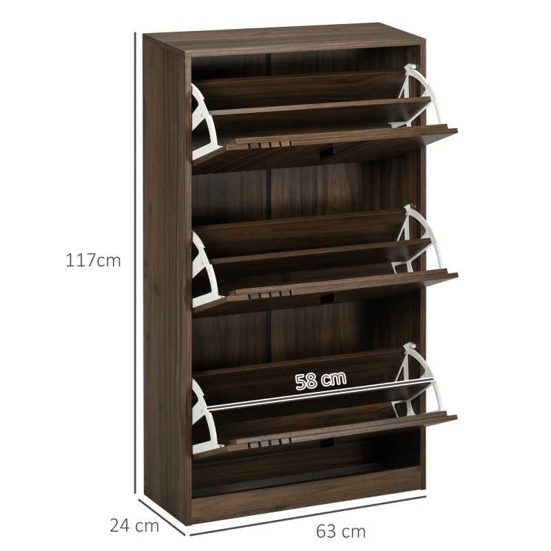 HOMCOM Schuhschrank mit 3 Klappen 18 Paare hohe Kapazität für Eingang Flur Wohnzimmer 63 x 24 x 117 cm dunkel Nussbaum