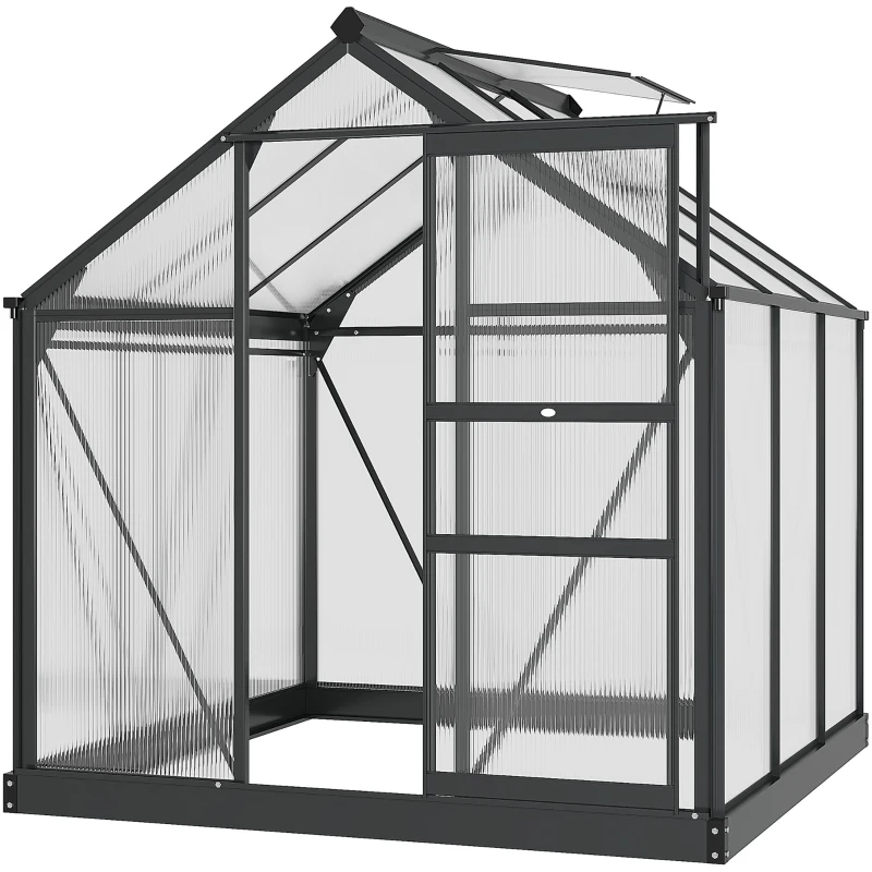 Outsunny Gewächshaus aus Polycarbonat 3,65m² 190 x 192 x 201 cm UV-beständig verstärktes Fundament Regenrinne Grau