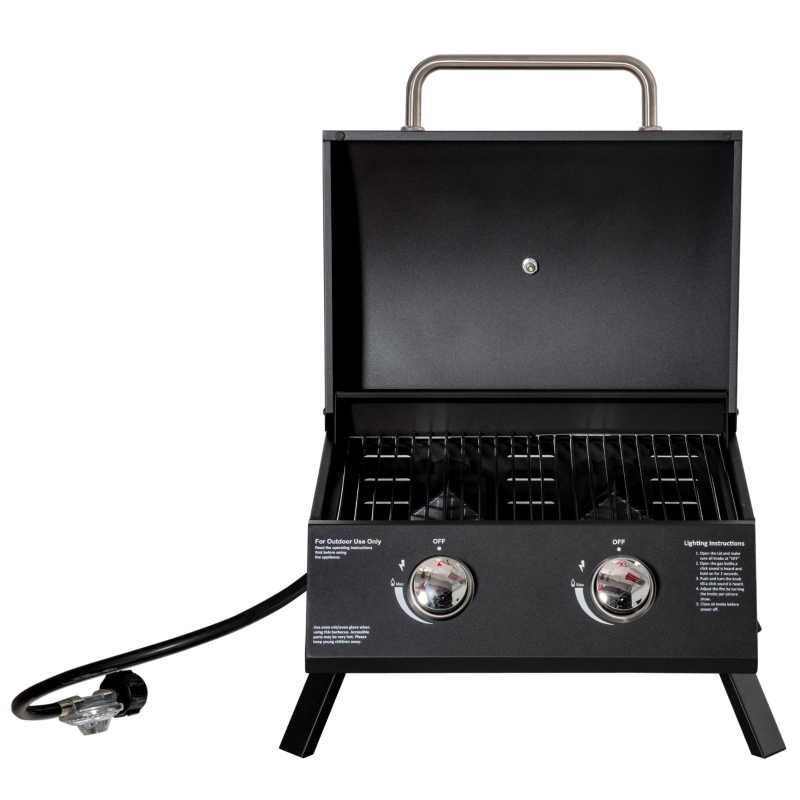 Tisch-Gasgrill mit zusammenklappbaren Beinen - 2 Brenner 5 KW - Camping- Gasgrill - Grillrost, Fettauffangschale, Thermometer -  Lebensmitteltauglicher schwarzer Stahl | Aosom.de