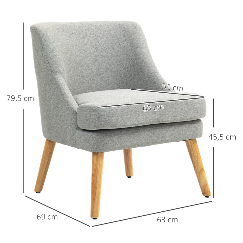 HOMCOM Fauteuil Lounge Rembourré en Aspect Lin, Accoudoir, Pieds en Bois, pour Salon, Chambre, Gris Clair